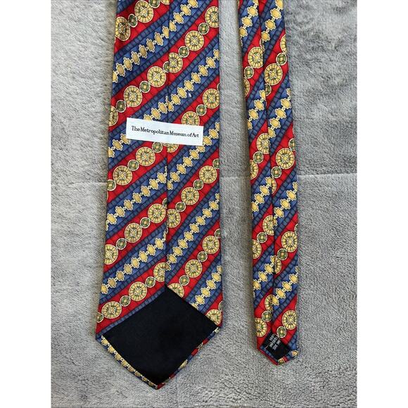 Metropolitan Museum Of Art Tie Silk Red Blue Gold Medallion Stripe Print 4"x58" - Picture 3 of 6